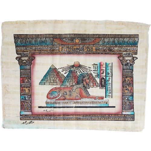 Vintage Egyptische Papyrus Sfinx Hiėrogliefen Schilderij, Jaren '80