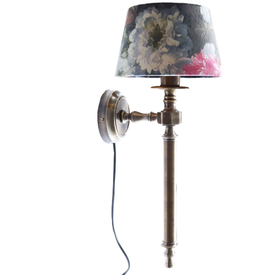 Bronzen Wandlamp Met Velours Bloemen Kap, Armatuur Jaren '70/kap Anno Nu 1