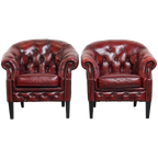 Set Van 2 Mooie Engelse Rundleren Chesterfield Clubfauteuils In Een Gevlamde Rode Kleur thumbnail 1