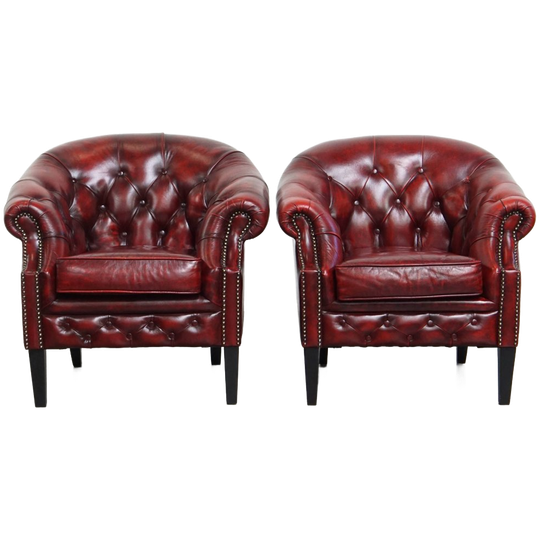 Set Van 2 Mooie Engelse Rundleren Chesterfield Clubfauteuils In Een Gevlamde Rode Kleur 1
