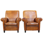 Set Van 2 Grote, Stoere En Comfortabele Vintage Cognac-kleurige Schapenleren Fauteuils/armchairs thumbnail 1