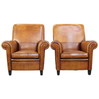 Set Van 2 Grote, Stoere En Comfortabele Vintage Cognac-kleurige Schapenleren Fauteuils/armchairs