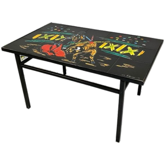 Vintage Tegeltafel Met Afbeelding Van Stierengevecht, Jaren 50 1