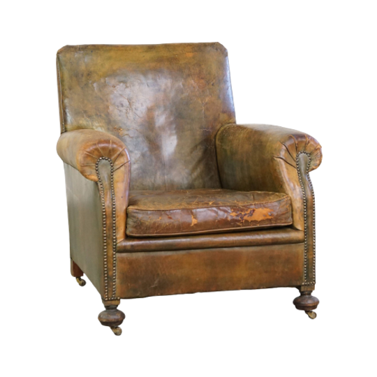 Karakteristieke Groene Antieke Engelse Rundleren Fauteuil/ Armchair Op Wieltjes Met Een Bijzonder 1