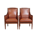 Statige, Luxe Set Van 2 Cognac Kleurige Rundlederen Art Deco Design Fauteuils thumbnail 1