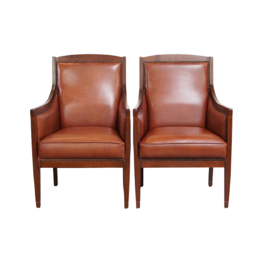 Statige, Luxe Set Van 2 Cognac Kleurige Rundlederen Art Deco Design Fauteuils 1