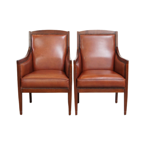 Statige, Luxe Set Van 2 Cognac Kleurige Rundlederen Art Deco Design Fauteuils