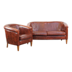 Set Van Een Strakke, Luxe, In Goede Staat Verkerende Oxblood Rode Rundleren Bank + Clubfauteuil thumbnail 1