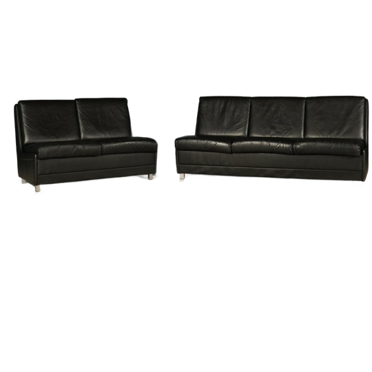 Set Midcentury Zwart Lederen Banken – Jaren 60 1