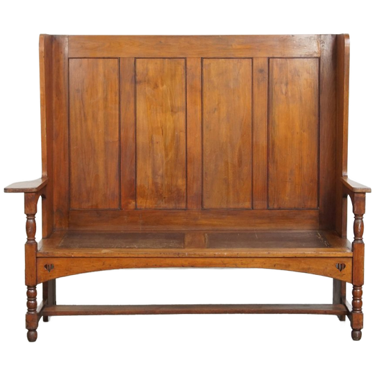 Antieke Houten Bank Met Een Hoge Rug En Leuke Details Uit Eind 19e/ Begin 20e Eeuw 1