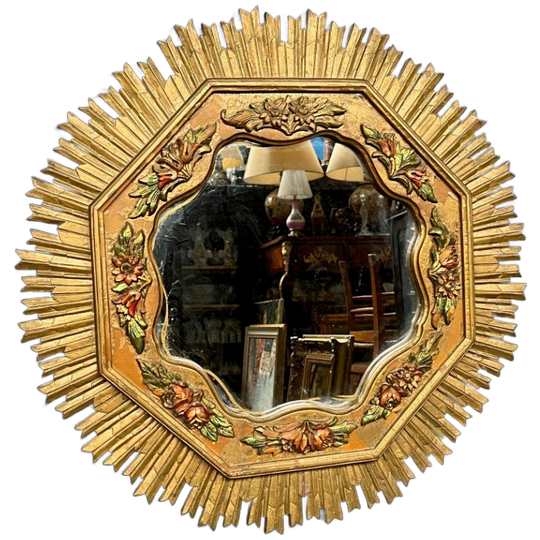 Grote Houten Spiegel Met Gouden Zonnestralen In Art-decostijl. 1