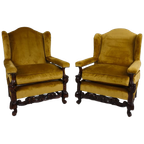 Paar 19e-eeuwse Gesneden Notenhouten Fauteuils – Bloemmotieven – Fluwelen Bekleding thumbnail 1