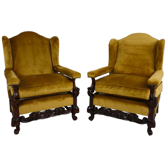 Paar 19e-eeuwse Gesneden Notenhouten Fauteuils – Bloemmotieven – Fluwelen Bekleding 1