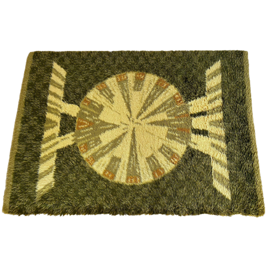 Groot Groen Vintage Rya Vloerkleed / Kleed, Scandinavisch Design 1