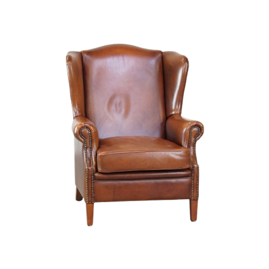 Luxe, Statige, Oorfauteuil Gemaakt Van Rundleer In Een Prachtige Warme Cognac Kleur 1