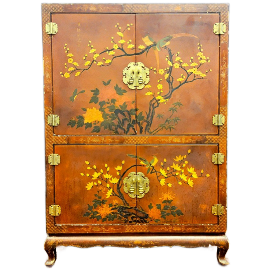Vintage Rode Chinese Kast Vogels, Bloemen / Bohemian Kast / Oosterse Kast / Chinese Red Cabinet 1