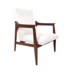 Vintage Teakhouten Fauteuil Crème Beige Stof Nieuw thumbnail 1