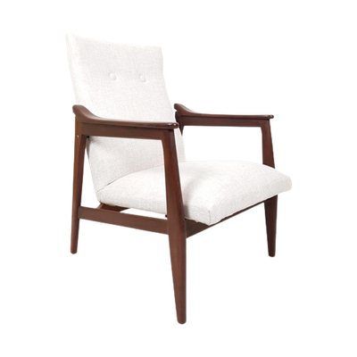 Vintage Teakhouten Fauteuil Crème Beige Stof Nieuw