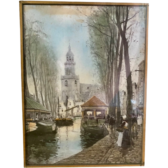 Originele Prent Henri Cassiers, Stadsaanzicht Gouda. 1