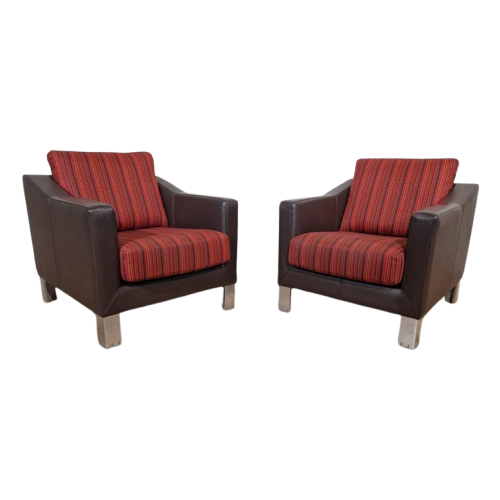 2X Leolux Antonia Fauteuils - Bruin - Leder - Rood - Stof