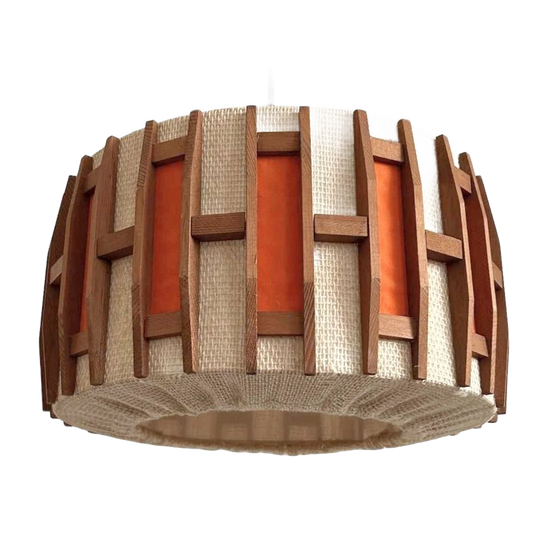 Vintage Scandinavische Hanglamp Retro Jute Teak Oranje 1970’s 1