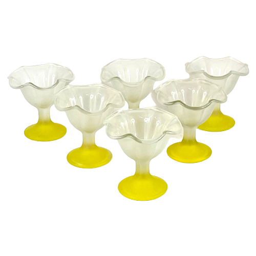 Set Of 6 Frosted Glass Ice Cream / Desert / Sundae Coupes - Floral Decor Made By Kig Indonesia -