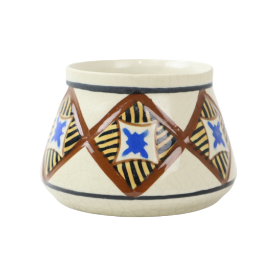 Abstracte Belgische Art Deco Vaas AMC Wit Blauw Zwart Craquelé Aardewerk 1