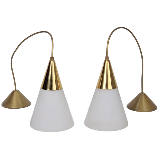 Set 2 Vintage Hanglamp Melkglas Messing Regency ‘70 Strak 1