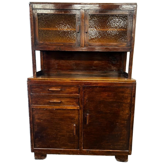 Vintage Houten Vitrinekast Met Geel Glas 1