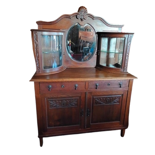 Prachtig Antiek Eiken Dressoir Met Spiegel En Vitrinekasten 1