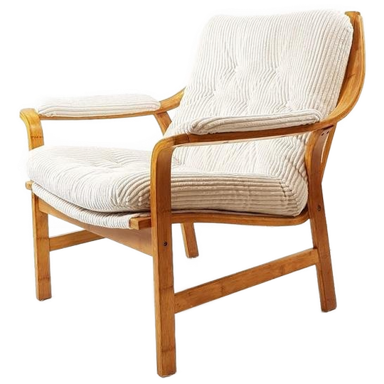 Vintage Fauteuil Nieuw Gestoffeerd Off White Ribstof 1