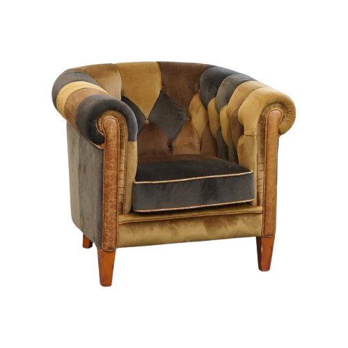 Unieke In Goede Staat Verkerende Stoffen Patchwork Chesterfield Clubfauteuil In Engelse Stijl