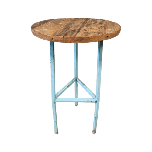 Oude Industriële Sidetable Plantentafel Kruk Lichtblauw