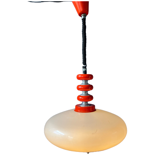 Rode Space Age Hanglamp - Witte Acryl Glazen Kap - Hanglamp Uit Het Midden Van De Eeuw