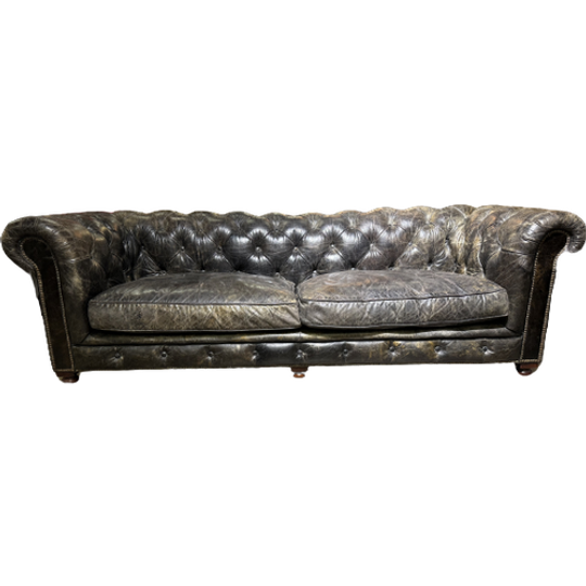 Vintage Chesterfield 3 Zits Bank In Zwart Grijs Generfd Leder 1