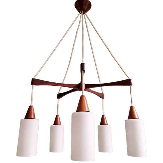 Grote Scandinavische Teakhouten Kroonluchter, Witte Satijnen Opalines, Jaren 60. 1