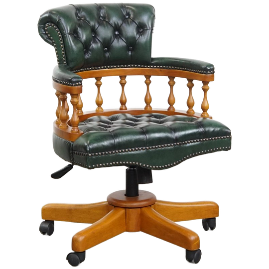 Groene Klassieke En Tijdloze Chesterfield Bureaustoel Gemaakt Van Rundleer Op Wieltjes 1