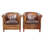 Set Van 2 Tijdloze En Stoere Cognac-kleurige Schapenleren Clubfauteuils Met Een Correcte Afwerkin thumbnail 1