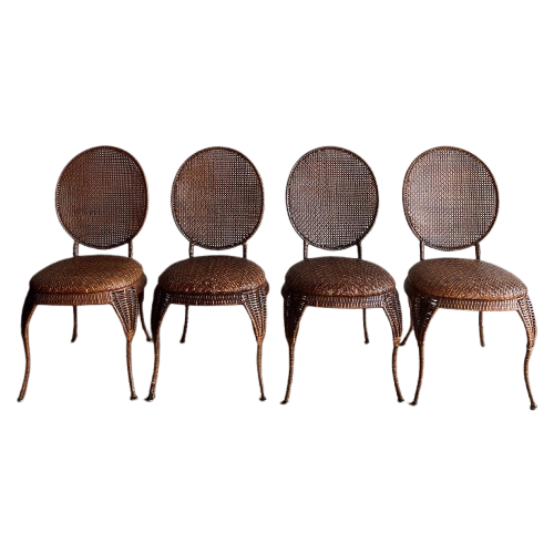 4 Birma Riet Rotan Medallion Eetkamer Stoelen Vintage