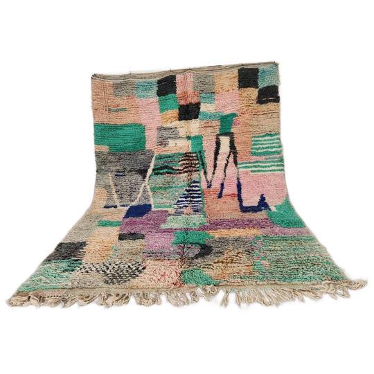 Vintage Boujaad Vloerkleed 300x200 Cm – Handgeknoopt Marokkaans Berber Tapijt – Crème Wol Met Groen En Pastel Abstract Design 1