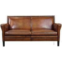 Stijlvolle Schapenleren 2 Zits Art Deco Bank Met Een Afwerking Met Zwarte Biezen