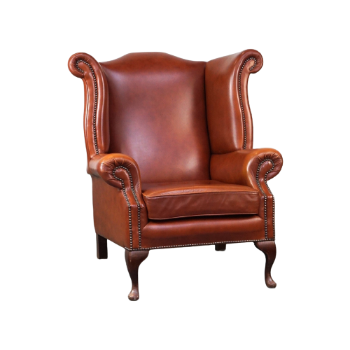 Sierlijke, Gladde En Comfortabele Rundleren Engelse Chesterfield Oorfauteuil In Een Mooie Klassie