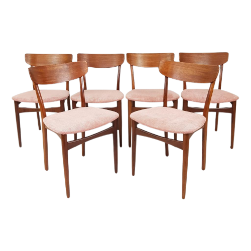 6 Deense Vintage Eettafel Stoelen | Nieuw Gestoffeerd Roze