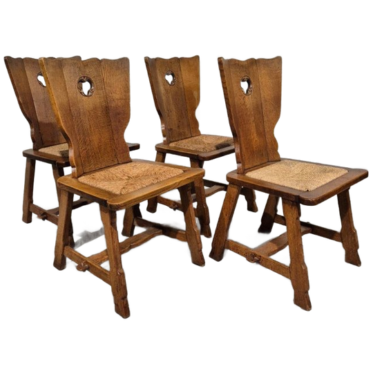 4 Brutalist Eiken Stoelen Met Biezen Zitting 1