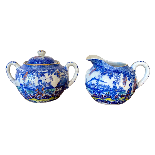 Vintage Japans Porseleinen Koffie En Suiker Set Met Geisha’S In Wit En Blauw