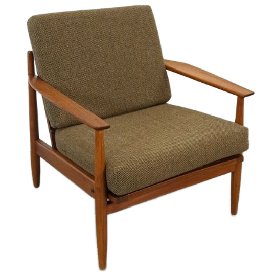 Teak Scandinavische Fauteuil Met Bruin Stoffen Kussens, Stoel 2 1
