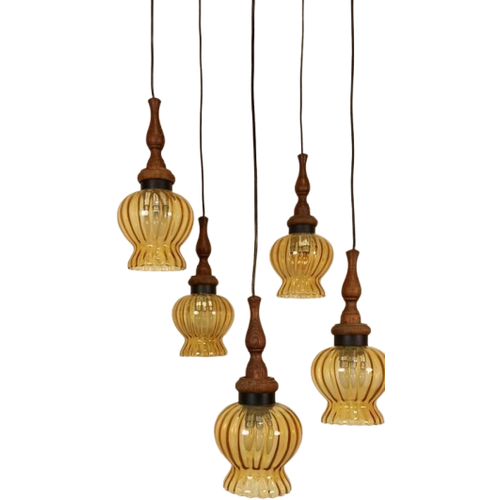 Vintage Grote Cascade Hanglamp Met 5 Glas En Hout Lampen