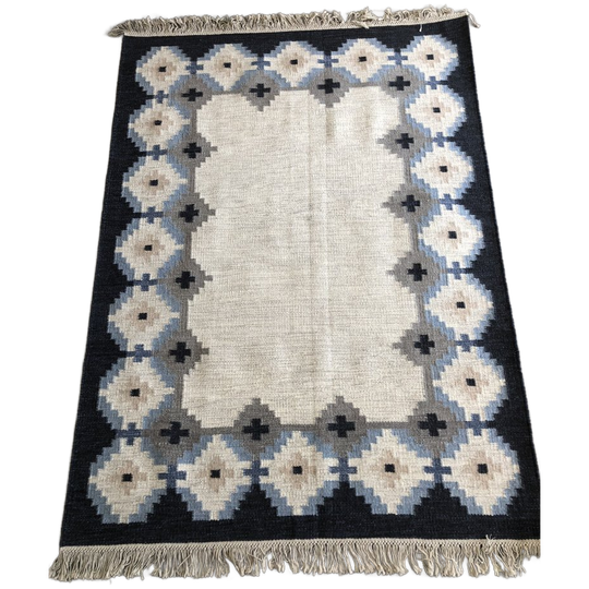 Handgeweven Scandinavisch Wollen Röllakan Vloerkleed Blauw Grijs Crème 1