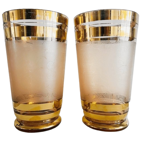 Paar De Rupel Goud Vergulde Vazen Roze Glas 1930’s Art Deco 1