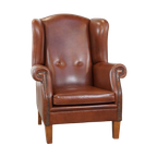 In Goede Staat Verkerende, Grote Cognac-kleurige Rundleren Oorfauteuil In Engelse Stijl thumbnail 1